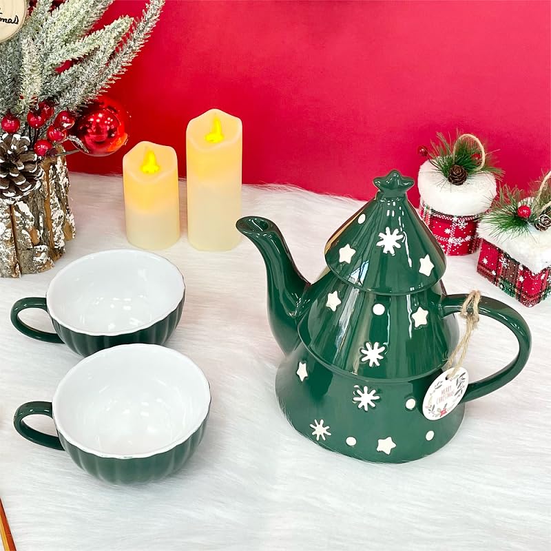 Domini Christmas Pot - 28oz Festive Holiday Teapot with Christmas Tree Design