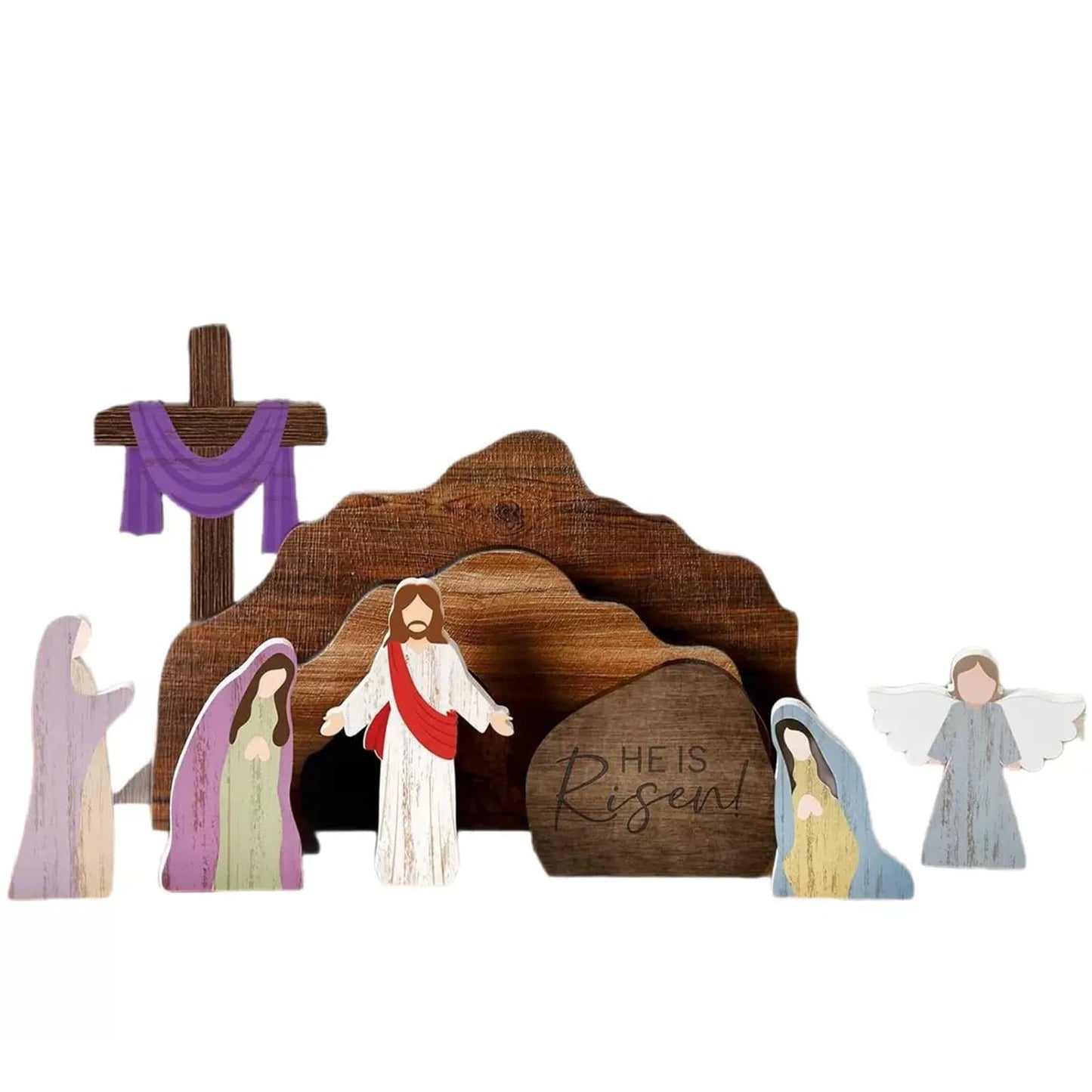 ZOUNYIN Empty Tomb Easter Scene Cross Decoration, Wooden Resurrection Tabletop Decor Set for Religious Home, Office, Shelf & Farmhouse Display