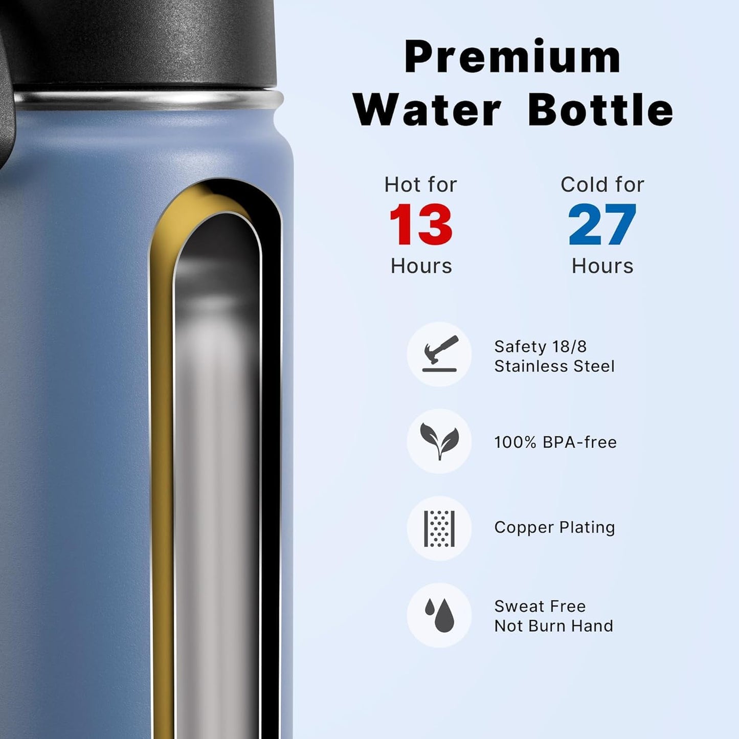 koodee Kids 16 oz Stainless Steel Double Wall Vacuum Insulated Wide Mouth Sports Water Bottle with Straw, Reusable Metal Water Flask for School, BPA Free (Royal Blue)