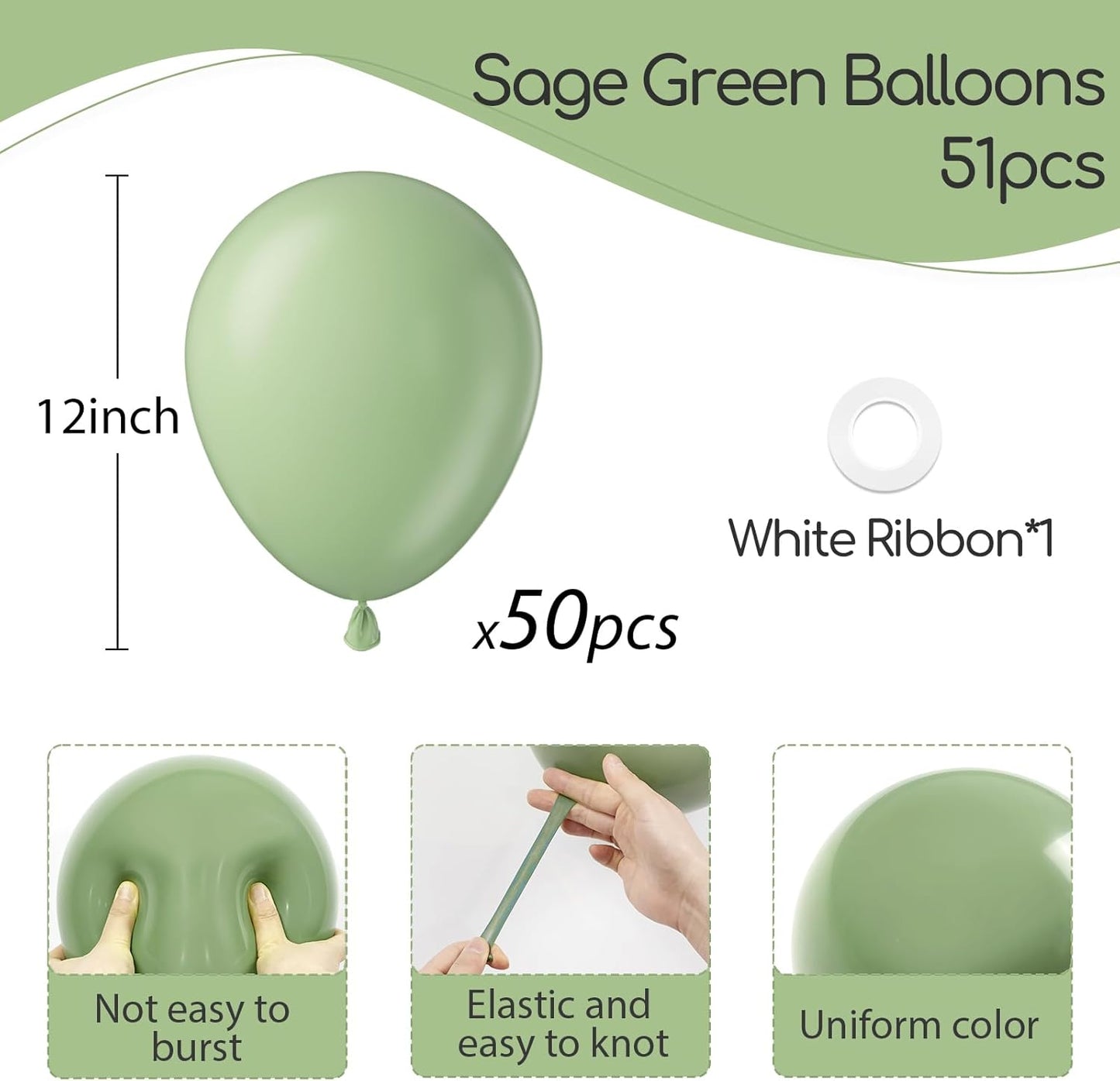 Sage Green Balloons - 12 Inch Light Pastel Latex Balloons | 50 Pack for Weddings & Parties