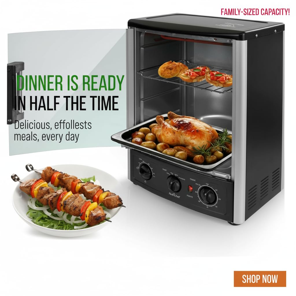 NutriChef Multi-Function Rotisserie Countertop Oven | 24 Quart Vertical Glass Door Convection Oven, for Rotisserie Roasting & Broiling | Timer & Temperature Control | 13.4 x 12.2 x 18.9