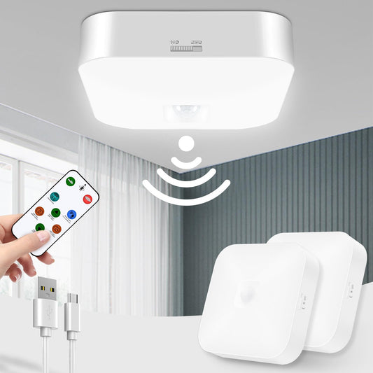 Motion Sensor Rechargeable Ceiling Light Indoor/outdoor with Remote, Wireless Battery Operated Rechargeable Sensor Light for Closet, Garage, Hallway, 3000K-6000K Battery Powered Shower Lights, 2 Pack