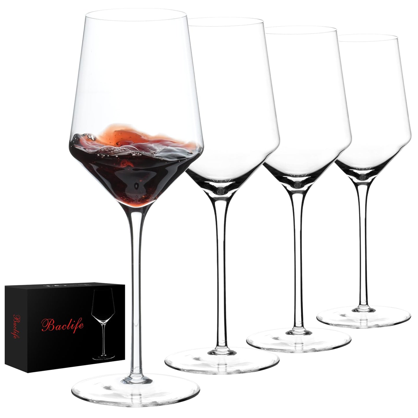 BACLIFE Hand Blown Red Wine Glasses Set of 4 – 15 oz Premium Crystal Wine Glasses With Long Stem – Unique Gift for Mother's Day, Birthday, Wedding, Daily Use