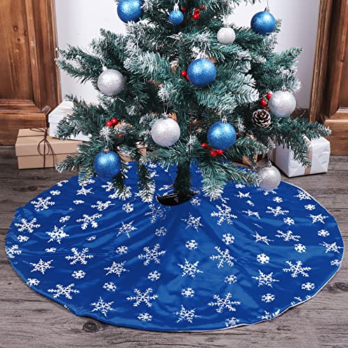 Silver Bunny Chorus Christmas Tree Skirt 36 Inch Blue Velvet with Sequin Snowflakes