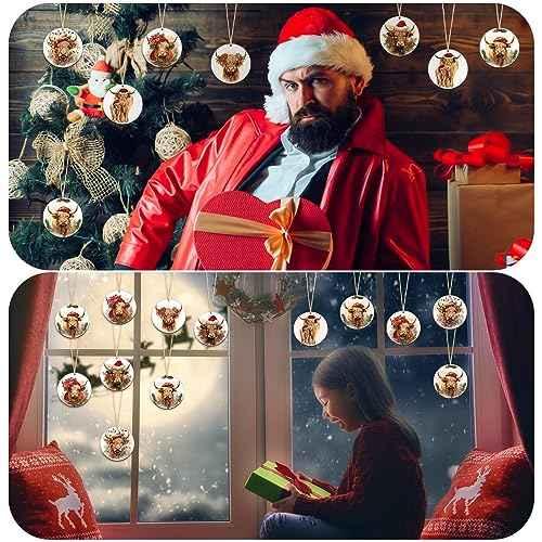 Suzile 24 Pcs Highland Cow Christmas Ornament Wooden Coo Highland Cow Hanging Sign for Christmas Tree Farm Animal Themed Christmas Ornament with Ropes for Cow Lover Farm Xmas Party Decor (Cute)