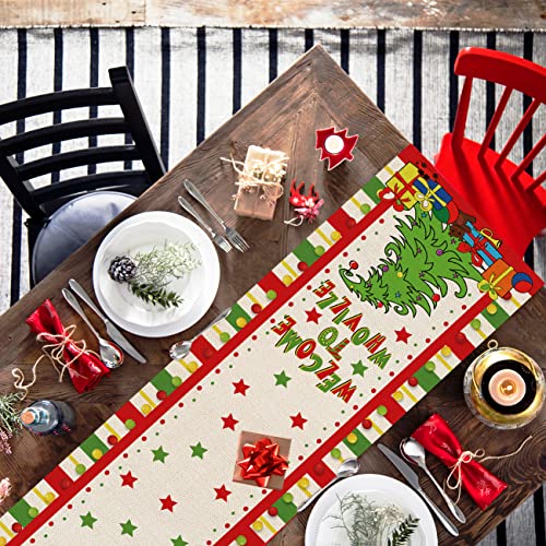 Christmas Table Runner 90 Inchs Christmas Cotton Linen Table Runner Seasonal Winter Christmas Holiday Kitchen Dining Table Decoration for Home Party Decor 13"x 90"