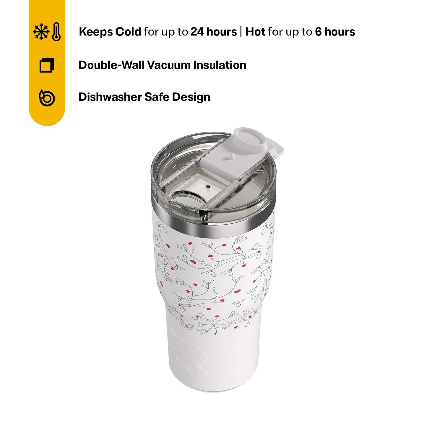 RTIC 20oz Essential Tumbler with Lid, Ceramic Lined, Insulated, Stainless Steel, Metal, Double Wall Vacuum-Insulation, Travel Cup for Iced Coffee, Tea, Hot and Cold Drink, Mistletoe