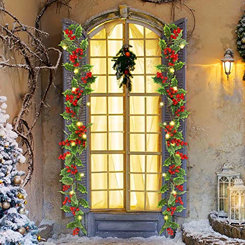 ATDAWN 7 FT Red Berry Christmas Lighted Garland, Battery Operated Christmas Garland with Lights, Flexible Artificial Garland for Indoor Home Fireplace Christmas Holiday New Year Decoration