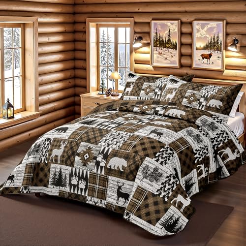 Bear Brown Reversible California King Quilt Set with Sham, Rustic Farmhouse Bedding