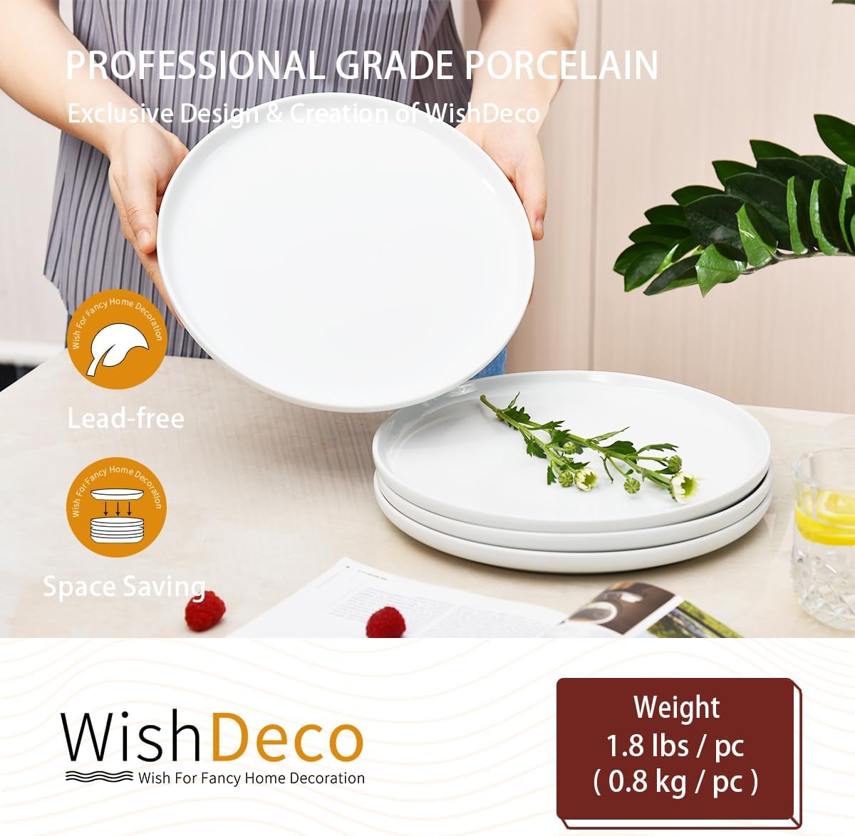 WishDeco White Dinner Plates - Set of 4 Ceramic 10.5-Inch Dining Plates | Microwave & Dishwasher Safe