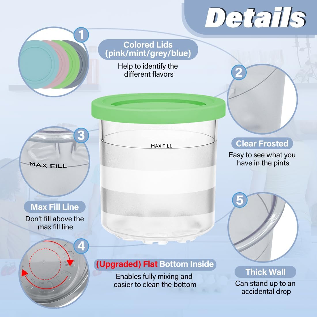 NANOBABY Pint Containers - 16oz Replacement Lids for Ninja CREAMi 7-in-1 Ice Cream Maker | BPA-Free 4-Pack