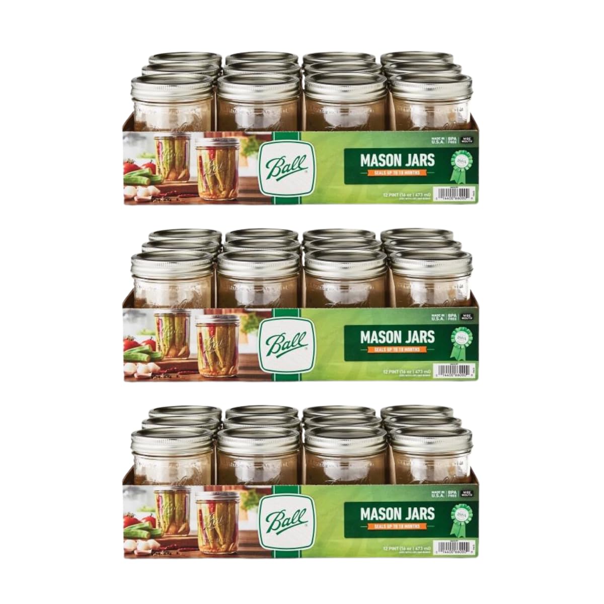 Ball Wide Mouth Glass Mason Jars with Lids and Bands, Used for Canning, Pickling, Juice, Jam, Jelly, Pint Size 16 Ounce (Pack of 36)
