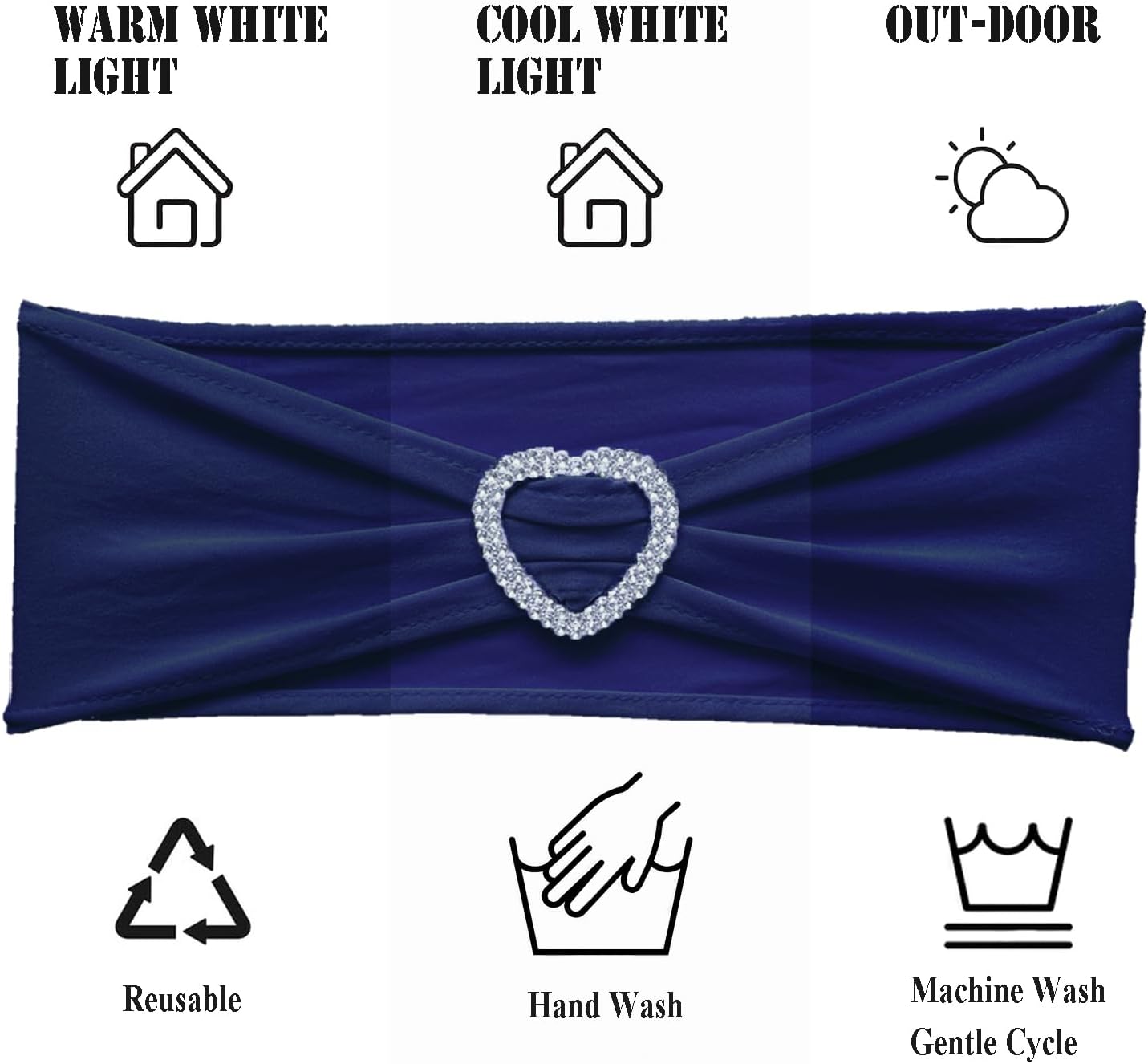 Skiennix Navy Blue Chair Sashes - 30 Pack Elastic Chair Bands with Heart Buckle for Weddings & Parties