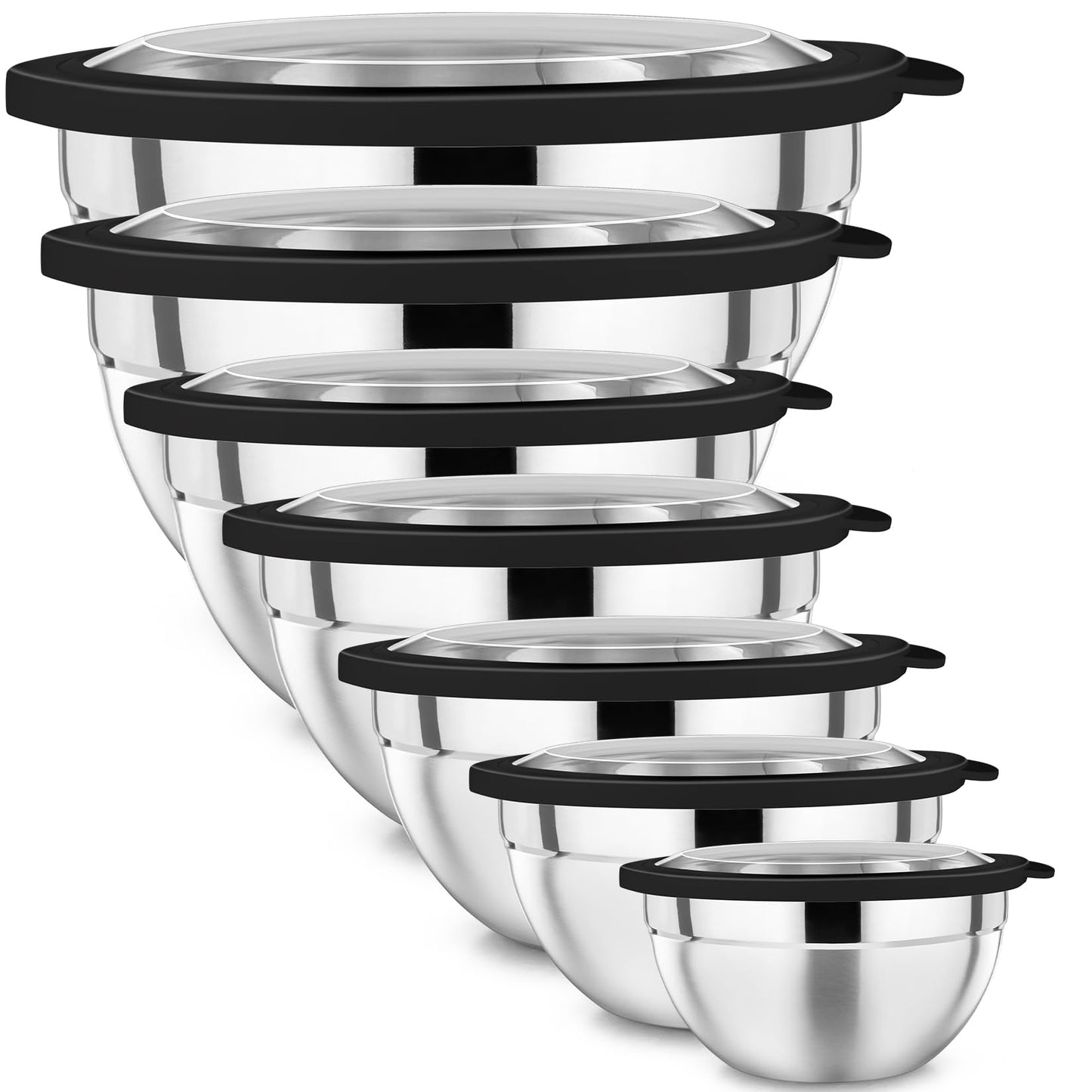 P&P CHEF Mixing Bowl with Lid Set of 7, Stainless Steel Nesting Salad Bowls for Cooking Serving Prepping, Clear Lids & Stackable Design, Size 4.6, 3.5, 3, 2, 1.5, 1, 0.7 Qt - Black