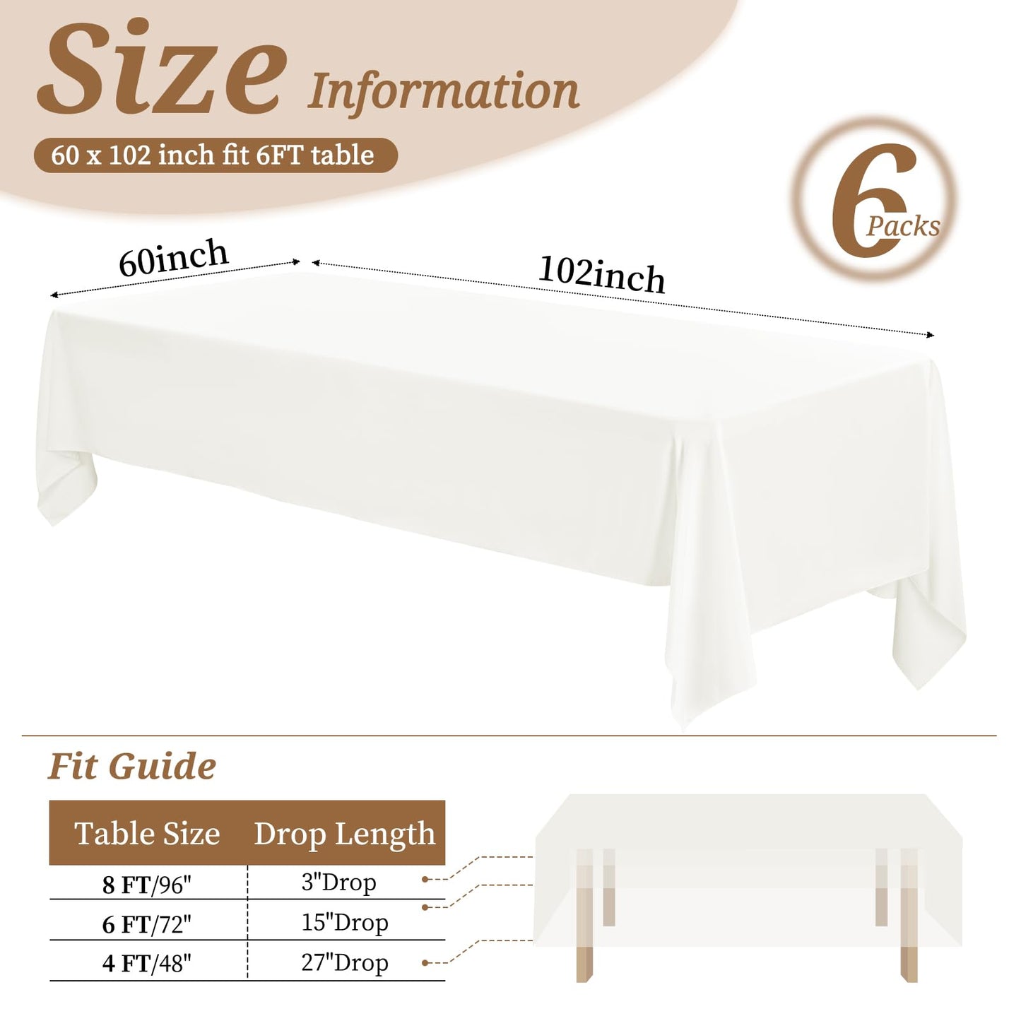 6 Pack Tablecloth 60 x102 inch Polyester Table Cloth for 6 Foot Rectangle Tables,Stain and Wrinkle Resistant Washable Fabric Table Covers Polyester Ivory Table Clothes for Wedding,Party,Banquet