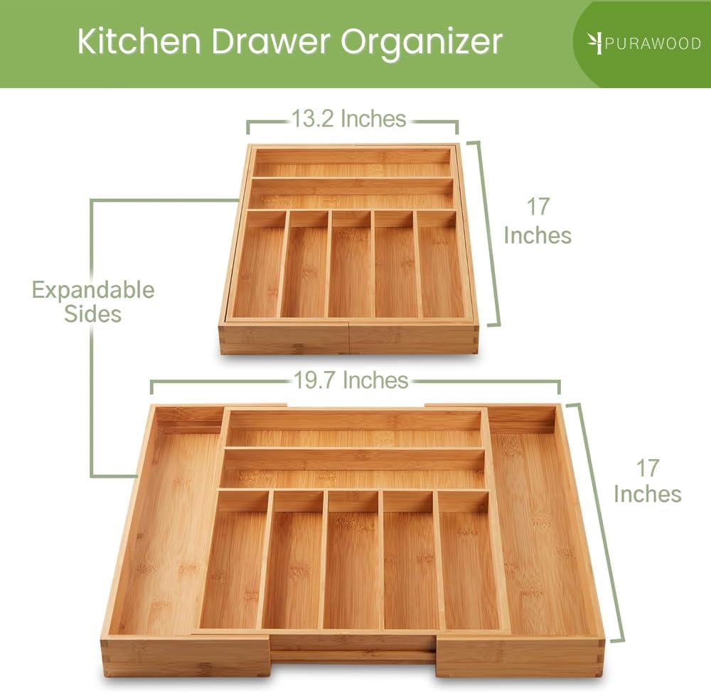 Purawood Bamboo Drawer Organizer - Expandable Cutlery Tray with Dividers | 7-9 Slot Kitchen Utensil Storage (Natural)
