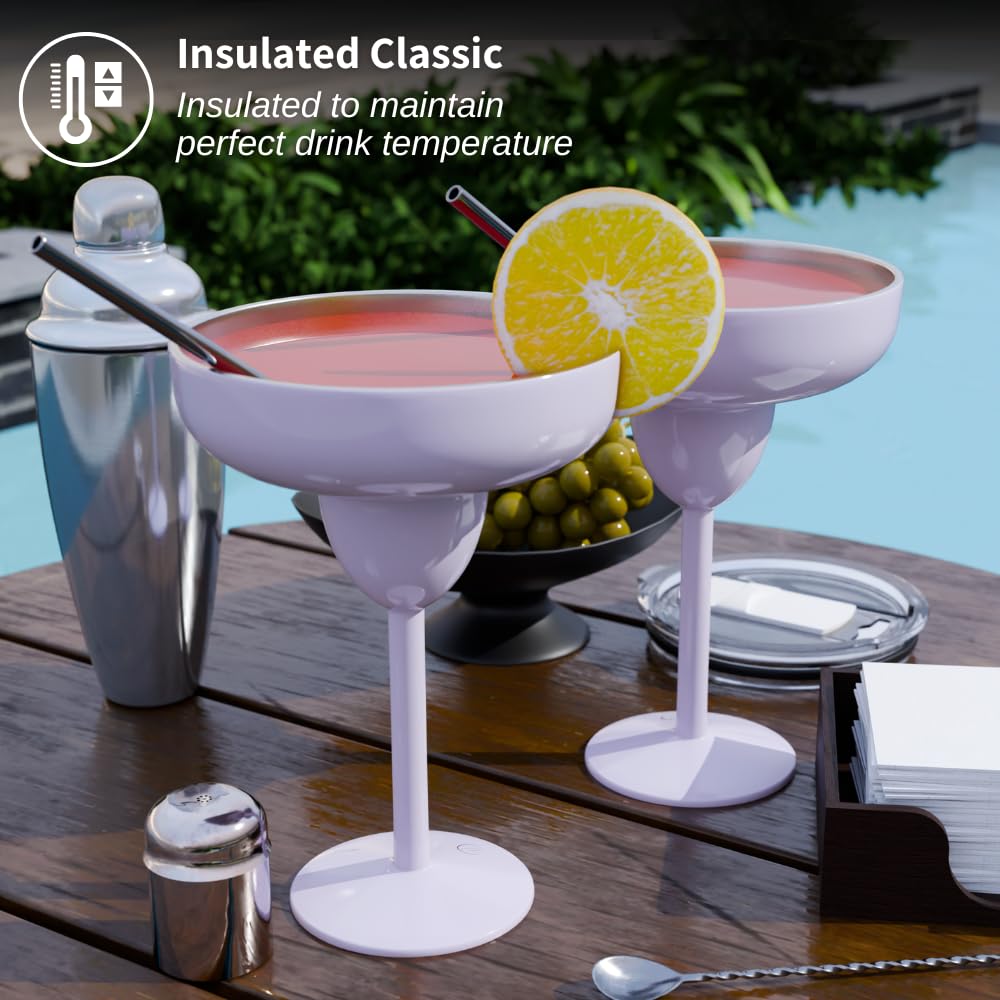 Mother’s Day Gift for Mom – Set of 2 Lilac Insulated Stainless Steel Margarita Glasses with Lid, Unbreakable Cocktail Tumbler Set, Keeps Drinks Cold, Gift for Women Wife Friend