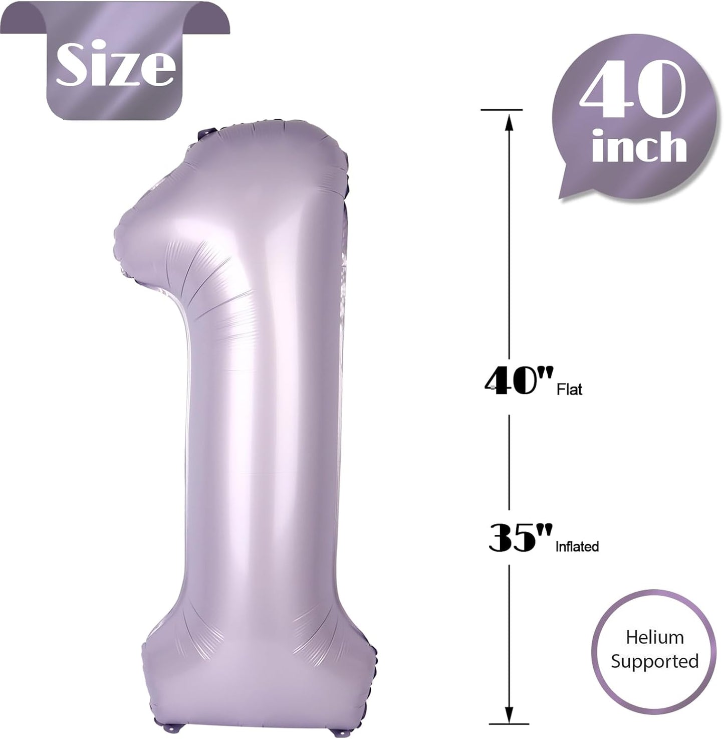 Lilac Number 1 Balloon - 40 Inch Shiny 1st Birthday Decoration for Baby Boy/Girl