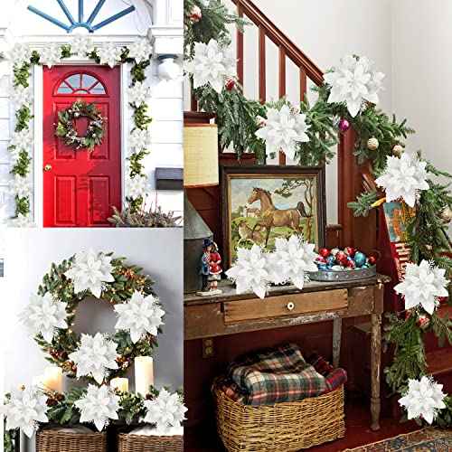 15 Pcs Christmas Flowers Artificial Poinsettia Flower Decorations with Clips and Stems, Glitter Christmas Poinsettia Decorations, Christmas Tree Ornaments for Party Wreath DIY£¨White£©