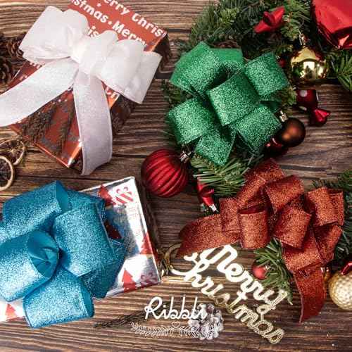 Ribbli Turquoise Blue Glitter Wired Ribbon,Turquoise with Metallic Edge,Christmas Ribbon for Wreath, ChritmasTree Decoration, Gift Wrapping,Home Decor, 1-1/2 Inch x 10 Yards