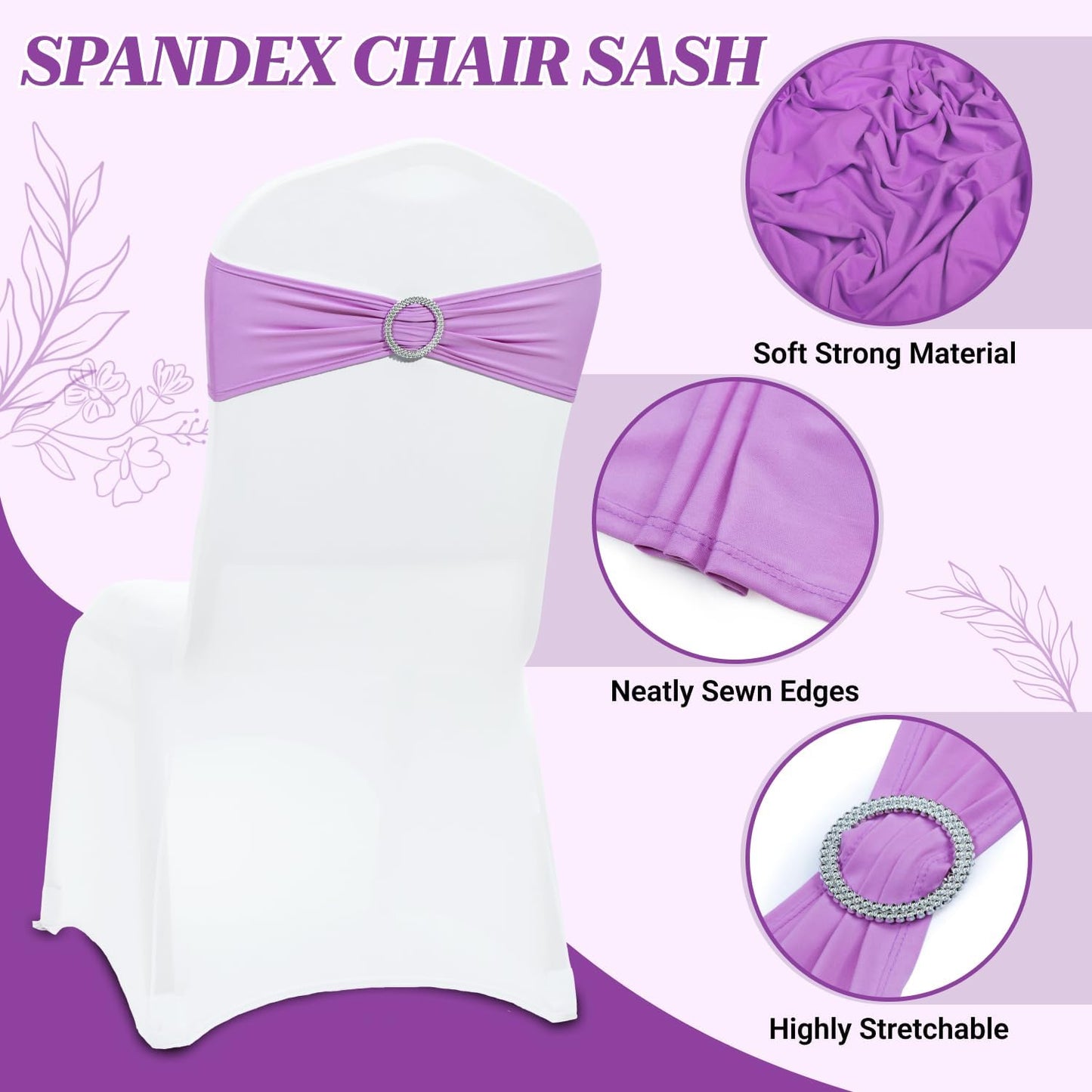 MDS Premium Stretch Spandex Chair Sashes - Pack of 50 Light Purple Covers with Buckle Slider for Weddings & Events
