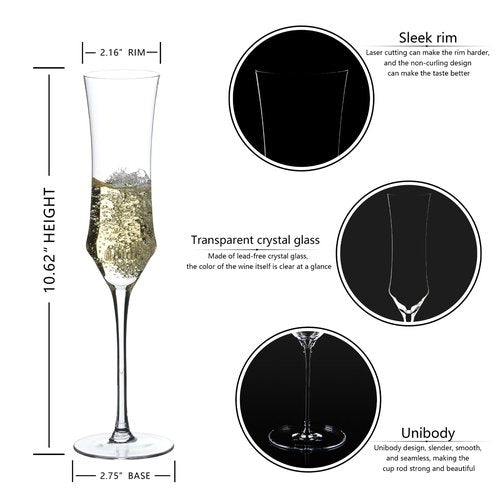 Champagne Flutes Set of 6 - Hand Blown Crystal Champagne Glasses With Long Stem - 7 oz Elegant Sparkling Wine Stemware - Unique Gift for Birthday,Wedding,Mother's Day,Housewarming