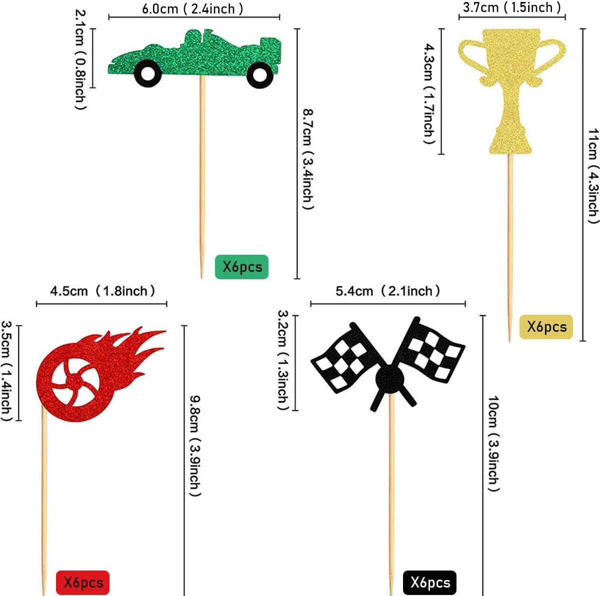 Race Car Cupcake Toppers by [Brand Name] - 24Pcs Glitter Trophy Flags & Wheels for Racing Theme Parties