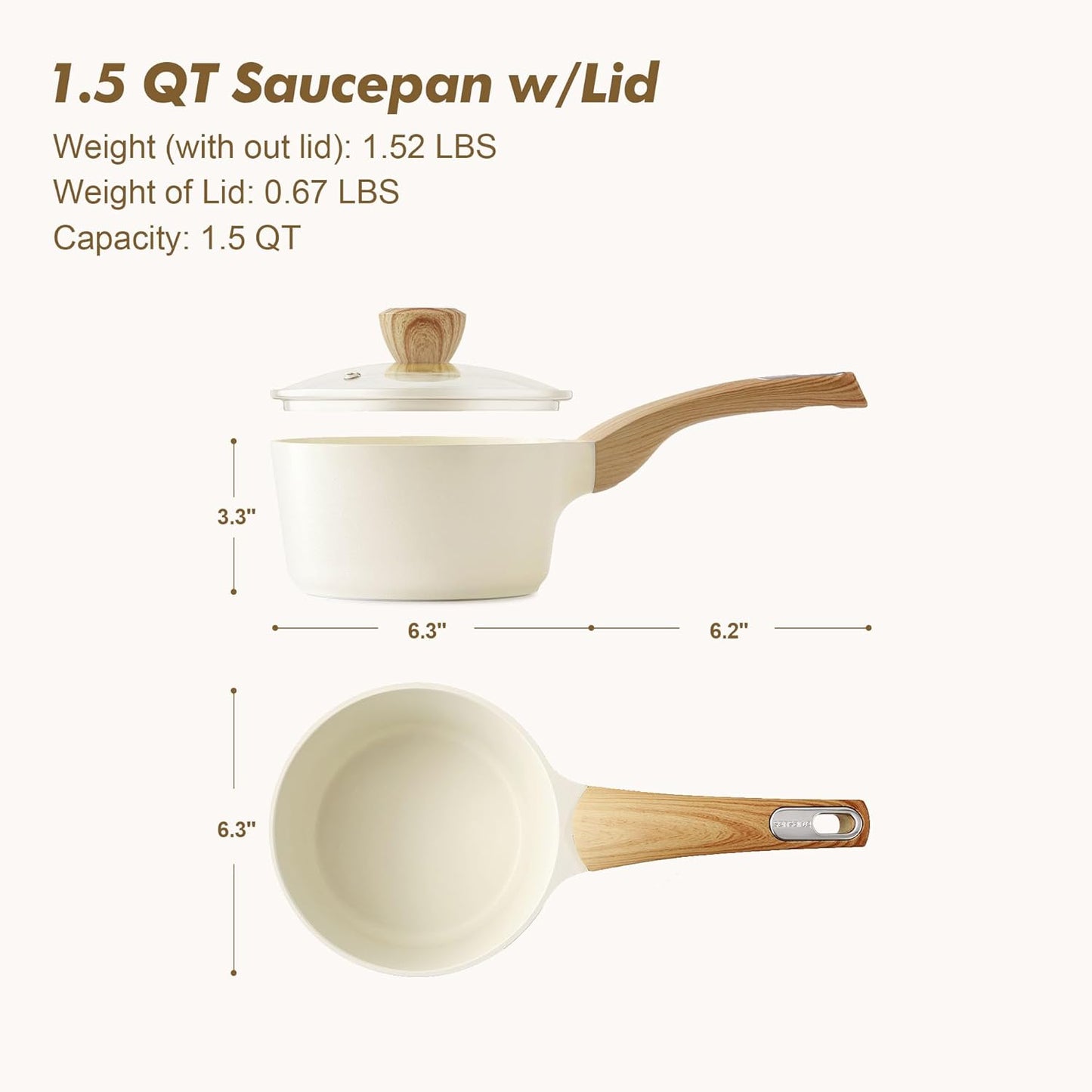 SENSARTE Ceramic Nonstick Sauce Pan - 1.5 Quart White Cooking Pot with Stay Cool Handle | PFOA Free