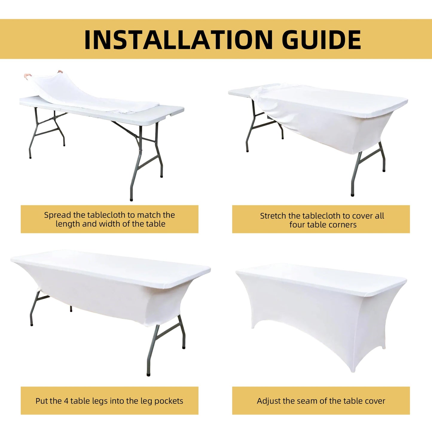 ZarzaaSik 10-Pack 8ft White Spandex Table Covers for Rectangle Folding Tables - Washable Elastic Tablecloth - Ultimate Fitted Table Protector for Parties, Trade Shows, Banquet, and Wedding