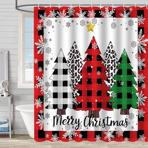 Christmas Tree Shower Curtain Red Buffalo Plaid Xmas Tree Snowflake 72x72 Inch with Hooks - Plaid Xmas Tree Pattern