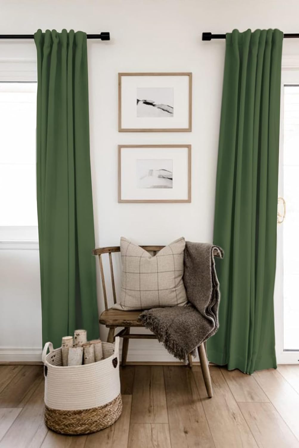 Skiennix 100% Blackout Linen Curtains - Thermal Insulated Drapes, 2 Panels Set, 50" W x 63" L, Moss Green