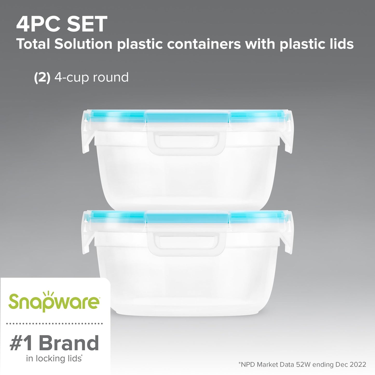 Snapware Plastic Total Solution 2-Pack (4-Cup) Food Storage Containers Set, Leakproof & Airtight Plastic Locking Lids Round Tupperware, Non-Toxic BPA-Free Lids, Microwave Dishwasher Freezer Safe