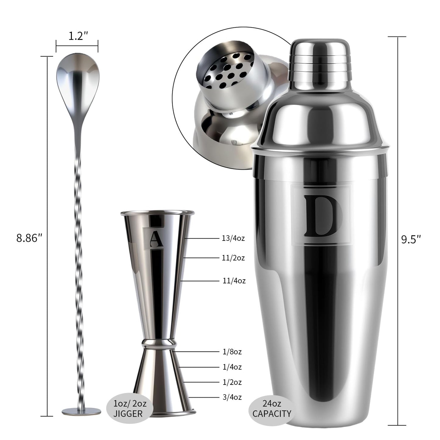 Thecosky 24oz Cocktail Shaker Set with Minimun 1/8oz Scale 1 oz 2oz Jigger - Monogramm Initials Martini Shaker Set - 304 Stainless Steel Bar Shaker - Personalized Gift for Friend,Husband-Blank