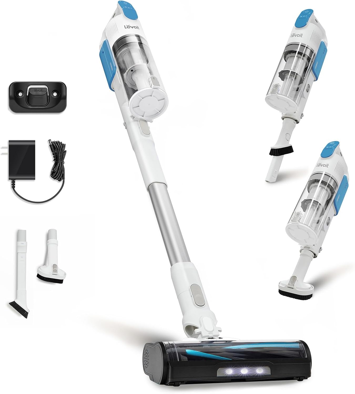 LEVOIT Cordless Stick Vacuum - Strong Suction, Anti-Tangle, LED Headlights, Removable Battery | White & Blue