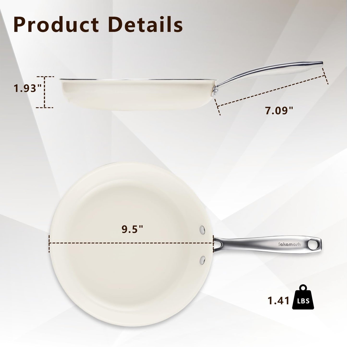 SAKAMOSH 9.5" Ceramic Frying Pan Nonstick, Skillet, Cooking Pan Non Toxic with Stay Cool Handle for Induction, Chef's Pan, PTFE & PFAS & PFOA Free, Dishwasher/Oven Safe, White