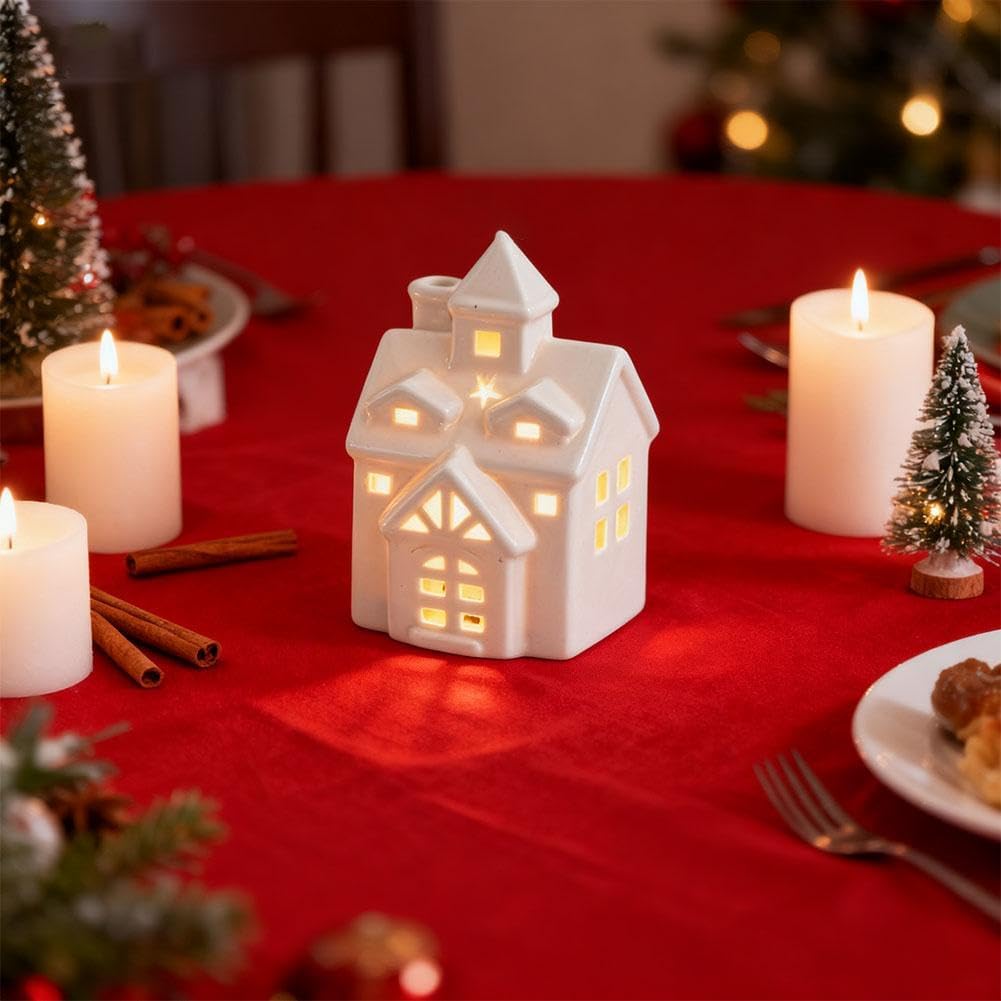 Skiennix Light Up Christmas Village House - White Ceramic Tabletop Decor for Winter Centerpiece (Green)