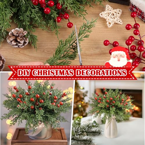 60Pcs Christmas Decorations-11.8'' Artificial Pine Branches with 7.9'' Red Berry Stems, Christmas Decor Faux Pine Greenery Stems, Christmas Tree Decorations & Christmas Picks for Indoor Outdoor