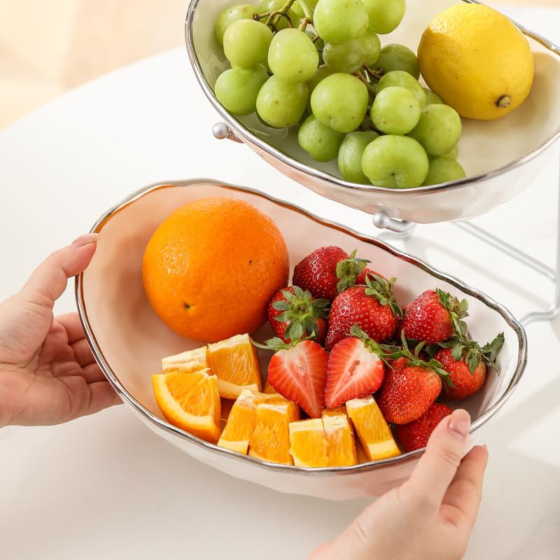 White 3-Tier Fruit Bowl with Gold Metal Stand - Modern Ceramic Fruit Rack - Variation: White A