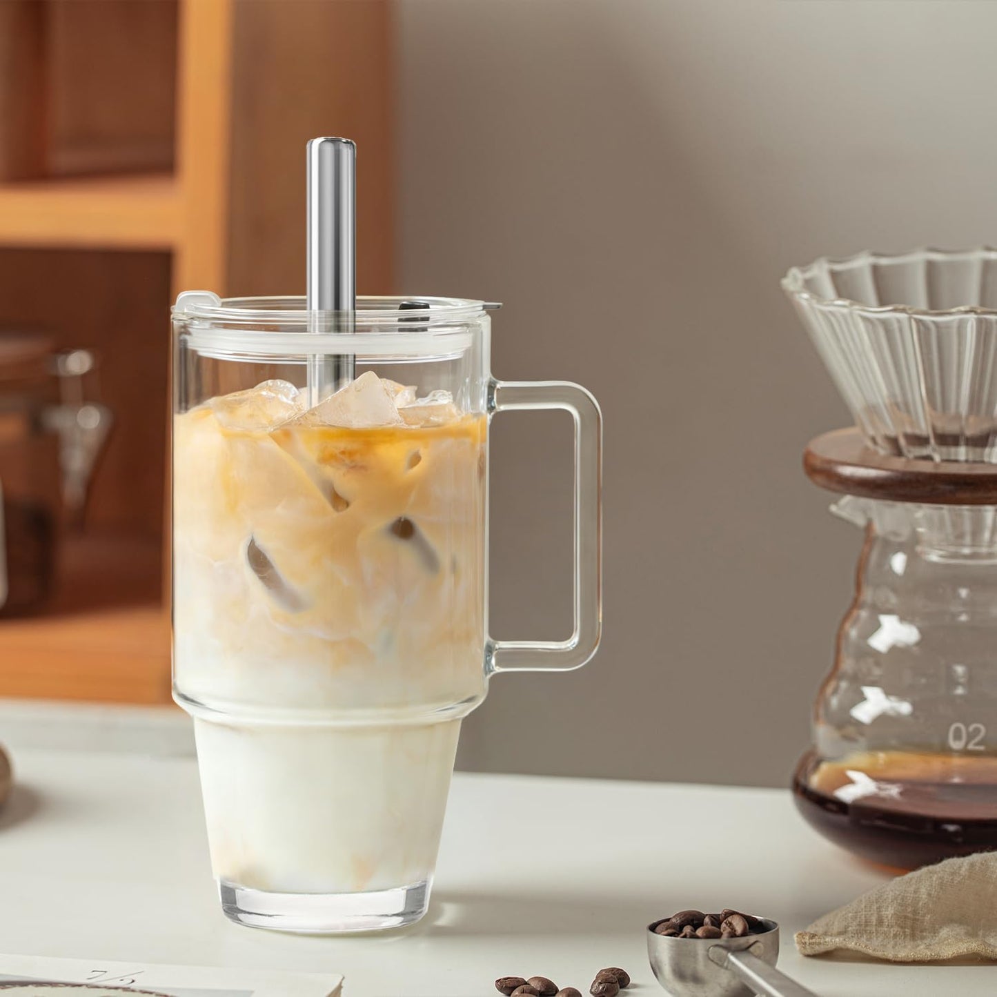 KEMORELA 24oz Clear Glass Tumbler with Handle, Lid & 13mm Stainless Steel Straws,2 set–Wide-Mouth Reusable Glass Cups for Cold & Hot Drinks, Ideal for Boba,Smoothies, Iced Coffee & Juice, Travel Cup
