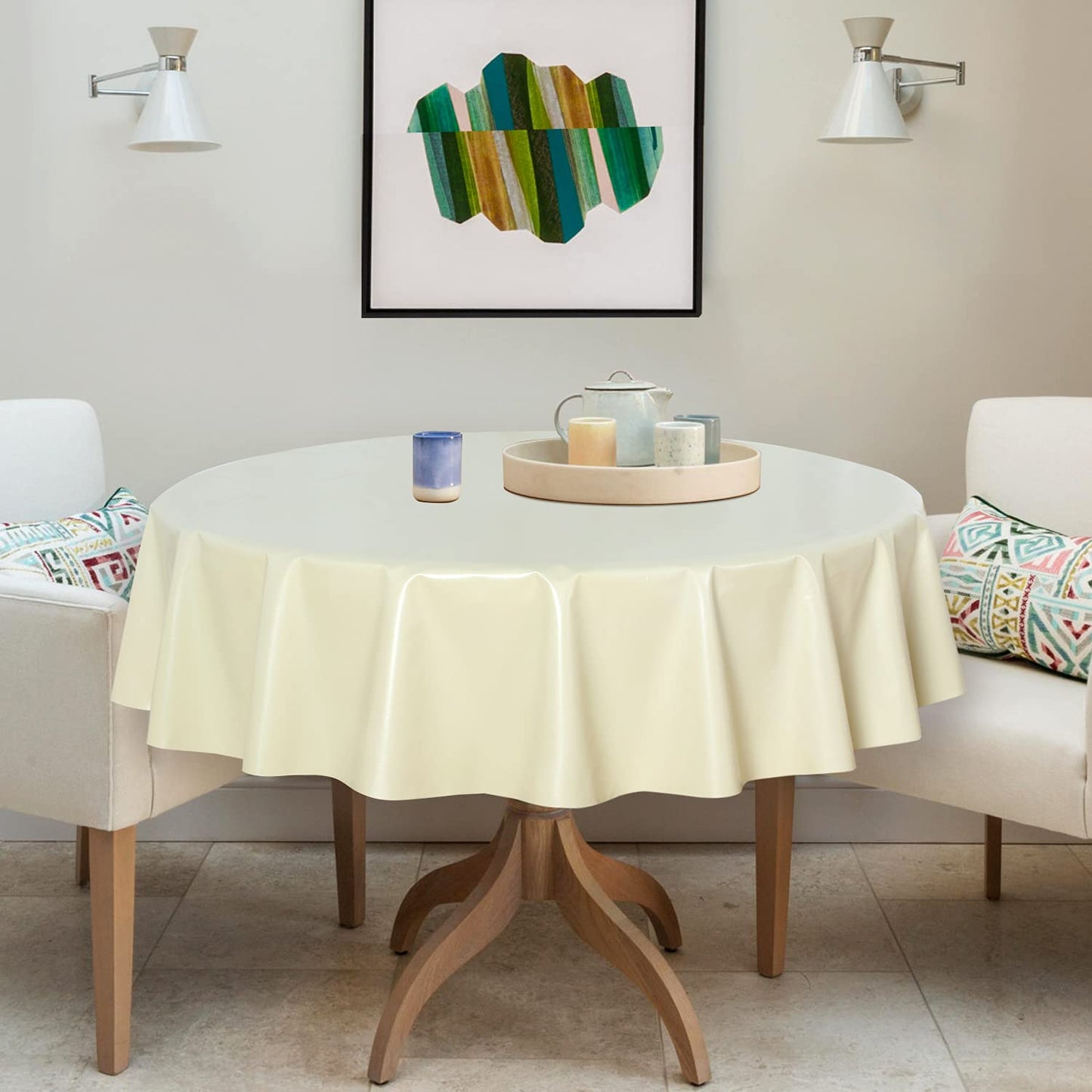 sancua 100% Waterproof Round PVC Tablecloth - 60 Inch - Oil Proof Spill Proof Vinyl Table Cloth, Wipe Clean Table Cover for Dining Tables, Buffet Parties and Camping, Beige