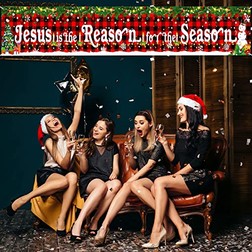 Large Jesus is The Reason for The Season Decorations Banner Holy Nativity Christmas Yard Banner Red Buffalo Plaid Religious Hanging Banner Backdrop for Xmas Winter Holiday Party Indoor Outdoor Decor