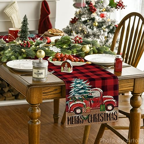 Artoid Mode Christmas Tree Truck Table Runner 13x72 Inch Red & Black Home Decor