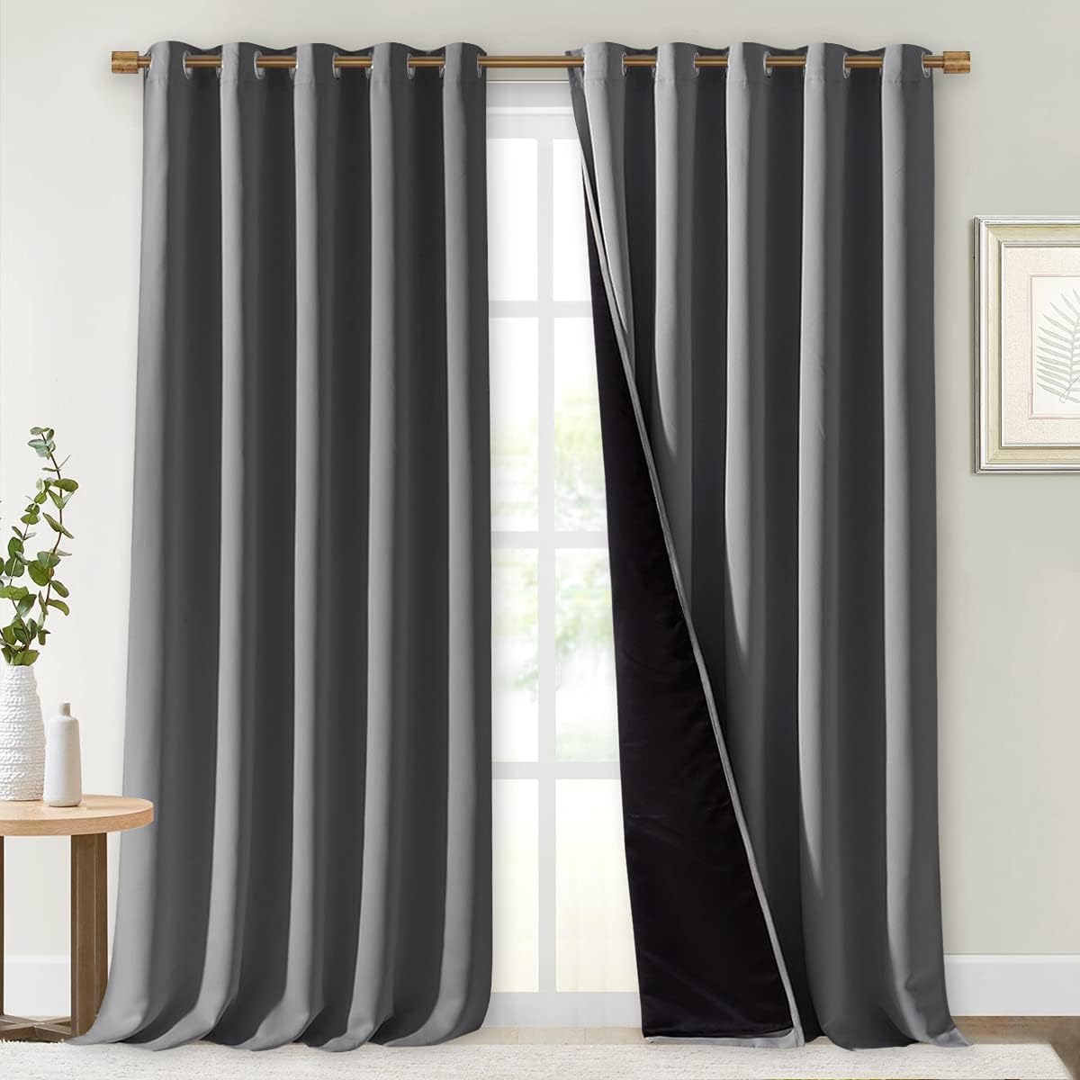 NICETOWN Total Shade Curtains - Heavy-Duty Drapes with Black Liner for Full Light Blocking | Gray, 70" x 95" (Set of 2)
