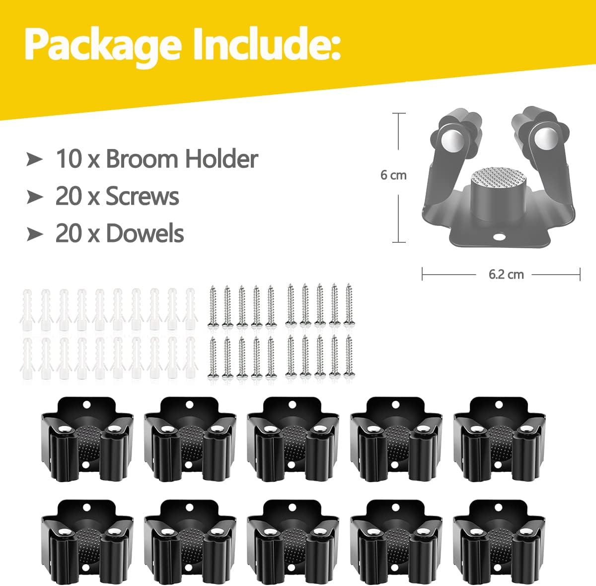 Verdenu Broom Holder Wall Mount - 10 Pack Stainless Steel Mop Organizer for Home & Garage Storage | Black