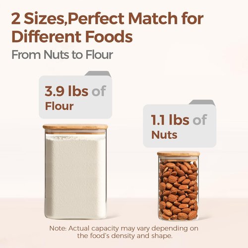 ComSaf Glass Food Storage Containers - Airtight Large Square Jars with Bamboo Lids | 3.6Qt & 1.2Qt for Flour, Sugar, Rice, Pasta, Snacks
