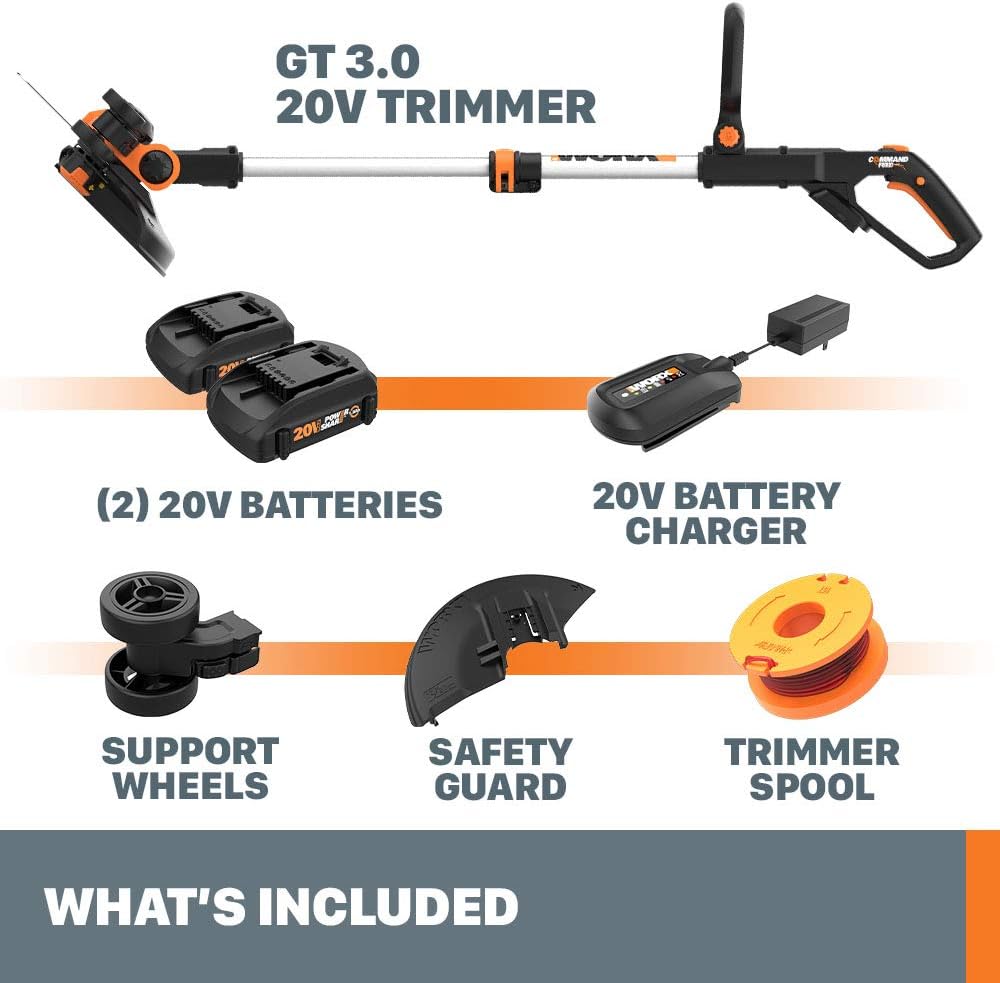 WORX 12'' Cordless String Trimmer & Lawn Edger - Lightweight 20V Weed Wacker with 90° Pivoting Head & 2 Batteries