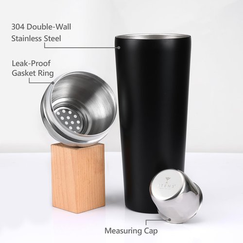 Etens Insulated Cocktail Shaker Black - 23oz Double Wall Vacuum Stainless Steel Martini Shaker with Built-in Strainer & Jigger Lid, Pro Leak-Proof Weighted Shaker for Home Bar, Premium Bar Gift Set