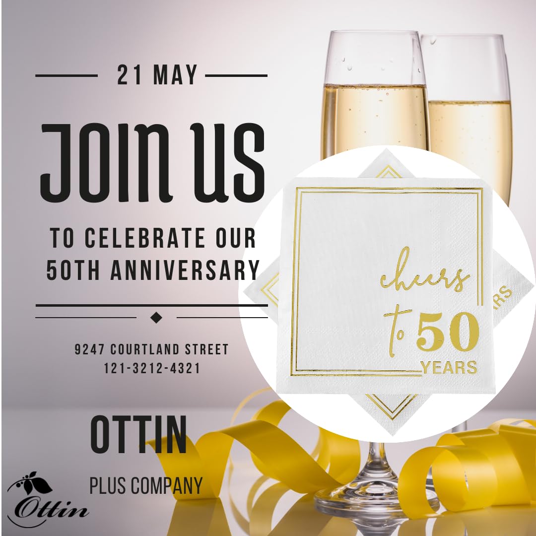Ottin White Gold Cheers to 50 Years Cocktail Paper Napkins, 5x5 Inches, 50 Counts, 3-Ply Disposable Party Napkins for 50th Birthdays Decorations, Anniversaries, Weddings, Indoor & Outdoor Celebrations