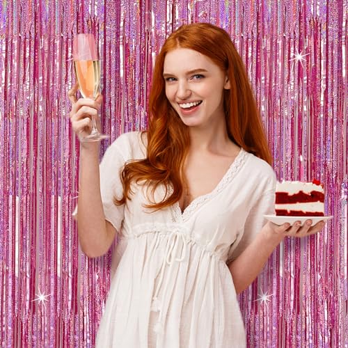 Tinsel Curtain Party Backdrop Pink Birthday Decorations 2 Packs Glitter Foil Fringe Curtain Party Decor Streamers Photo Booth for Birthday Christmas Wedding Halloween Graduation Decorations