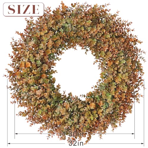 32-Inch Large Fake Eucalyptus Fall Wreath for Front Door Decor - Orange Green